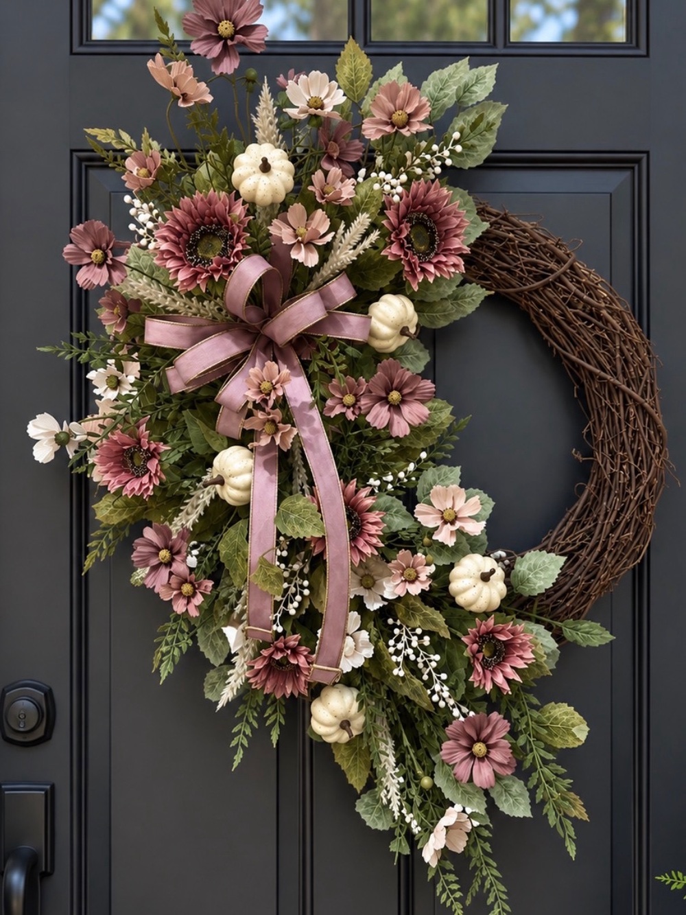 Dusty Rose Pumpkin & Floral Grapevine Wreath by